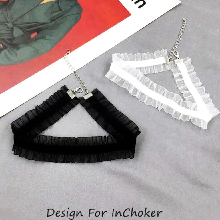 Velvet ruffled clavicle necklace with snake bones chain and flower pendant in alloy