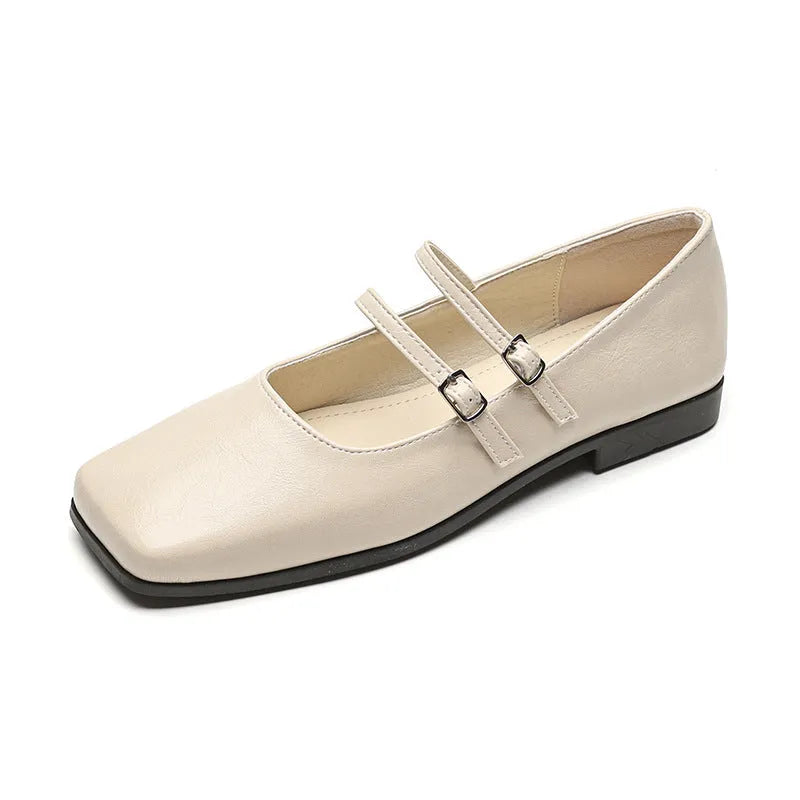 Silver genuine leather women's Mary Jane flats with cross buckle strap and low flat heel.