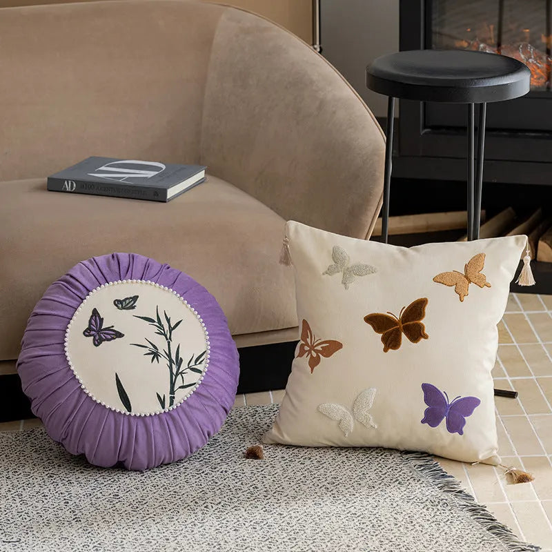 Square 45x45cm cushion with Chinese style butterfly embroidery in beige, black or purple colours