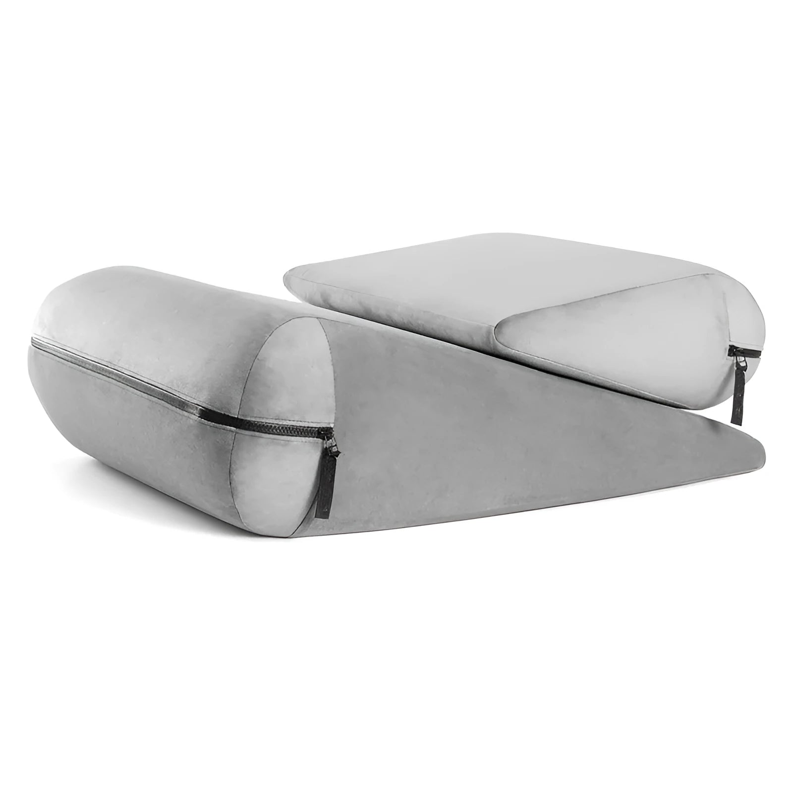 High density sponge triangle furniture pillow in grey with embroidery detail measuring 68x33x25cm