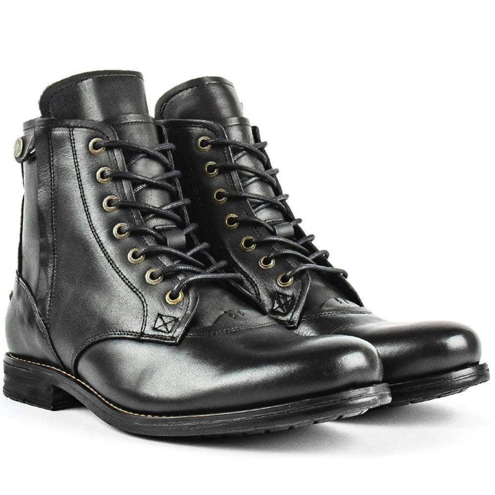 Knight Series men's black and brown two-tone leather ankle boots with side zipper.