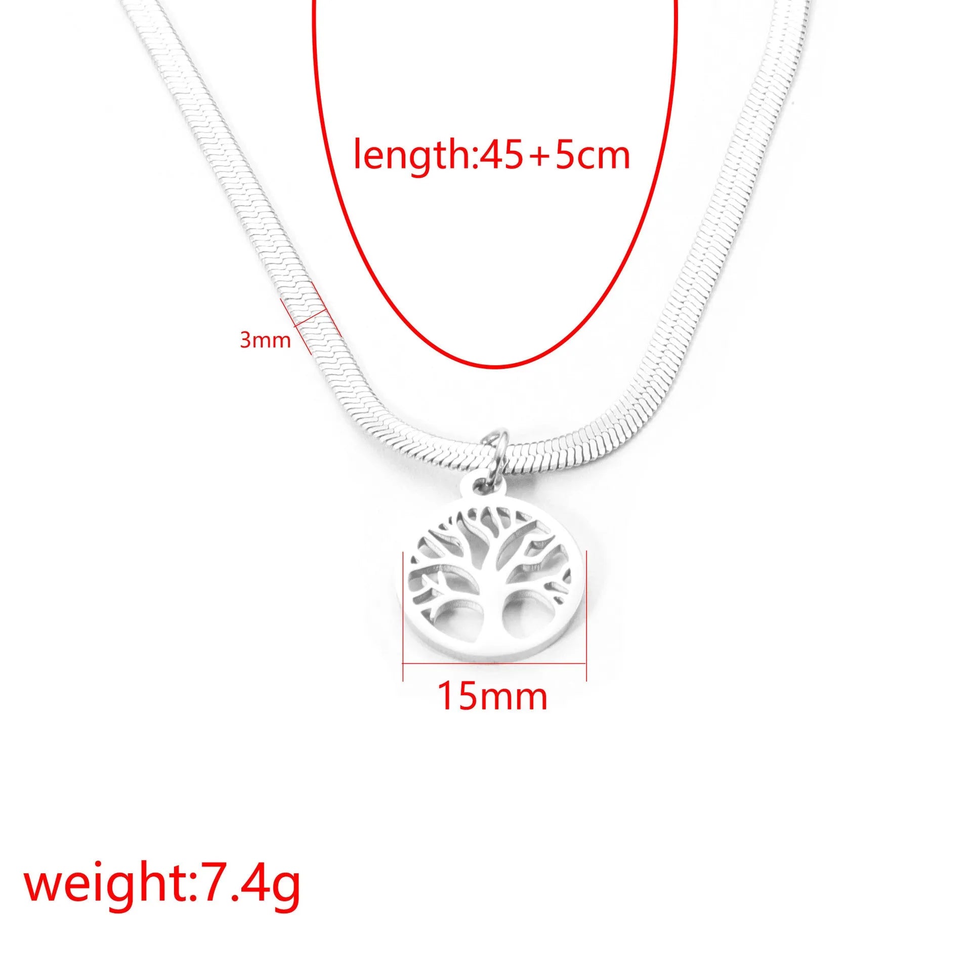 Stainless steel lucky tree pendant necklace on snake bones chain with U-shaped clasp, shown in gold and steel colour options.