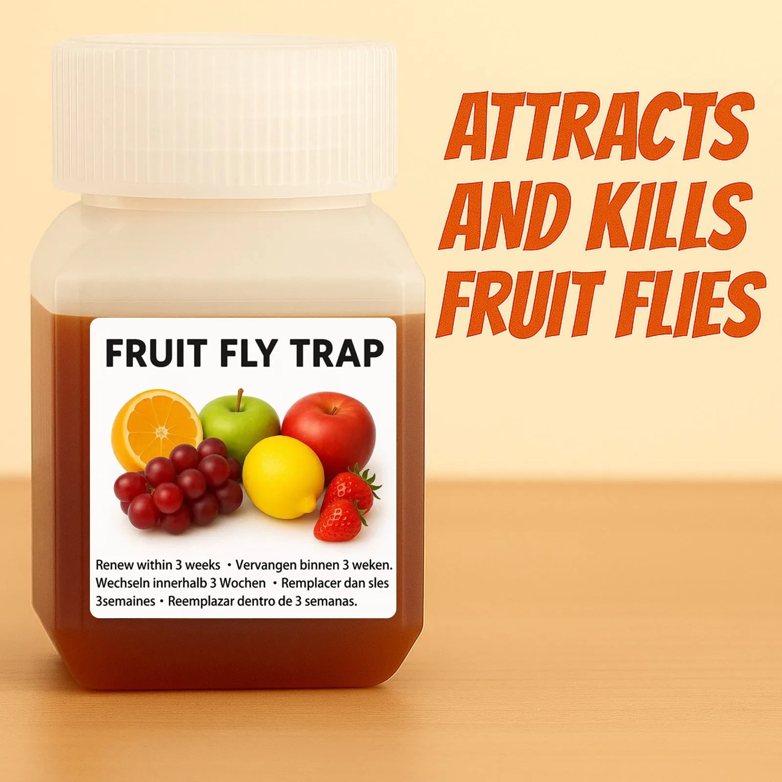Bottle of bait liquid for a fruit fly trap, available in SK003 new and old standard variants.