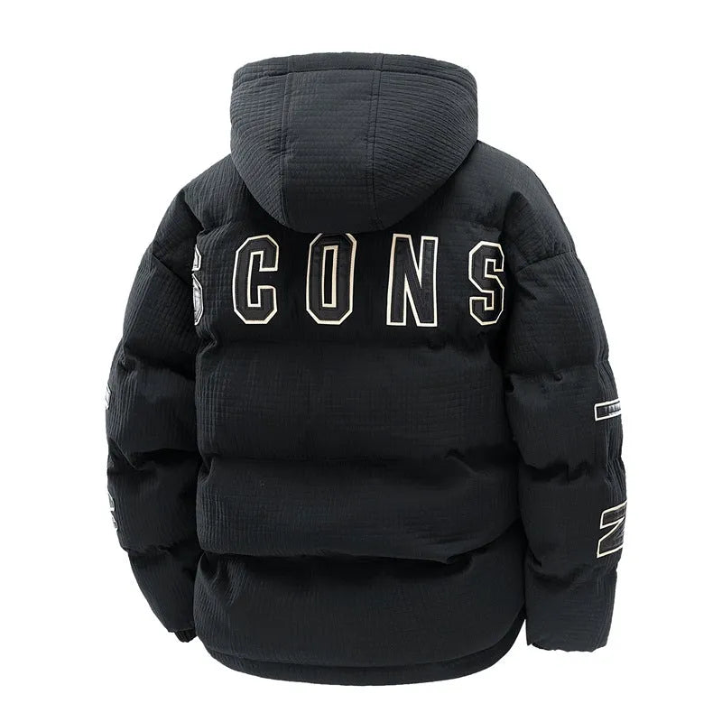 Men's black cotton-padded winter coat with hood, letter print, and side seam pockets shown front view