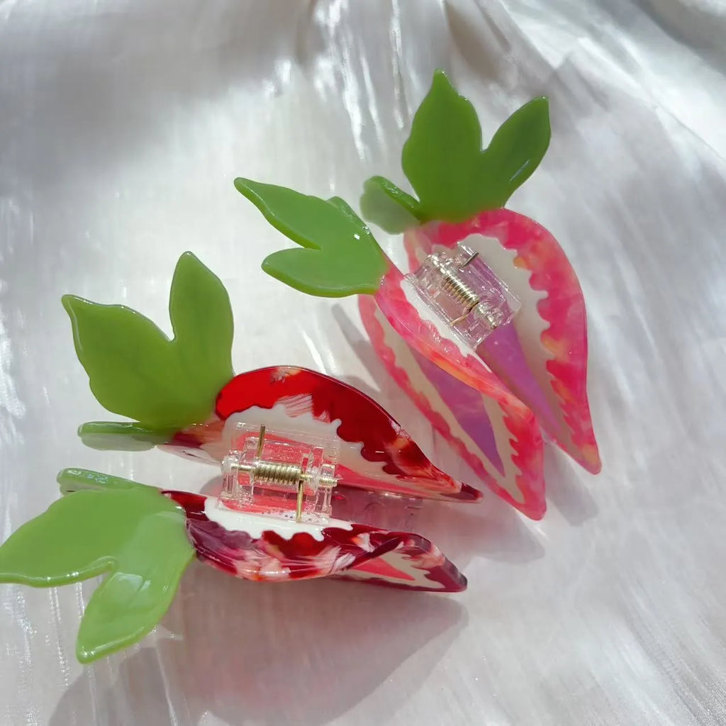 Handmade strawberry hair clip with pastoral fruit charm in red or pink colour options