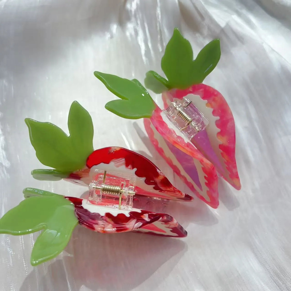 Handmade strawberry hair clip with pastoral fruit charm in red or pink colour options