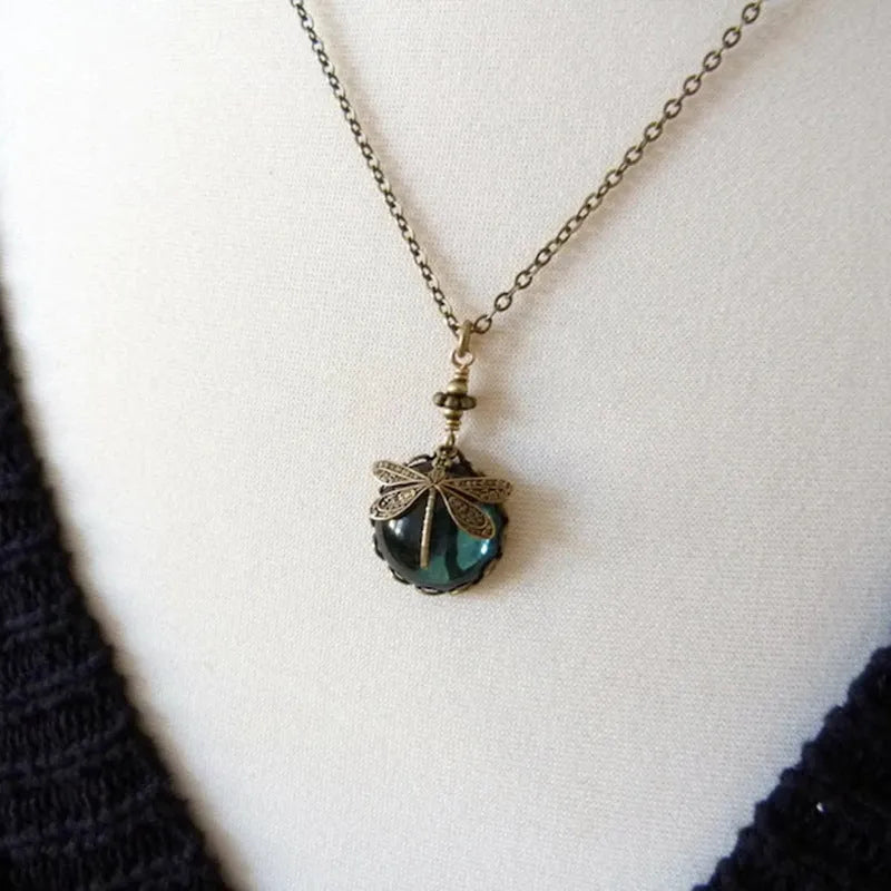 Vintage bronze dragonfly pendant necklace with hand carved details on 925 silver chain
