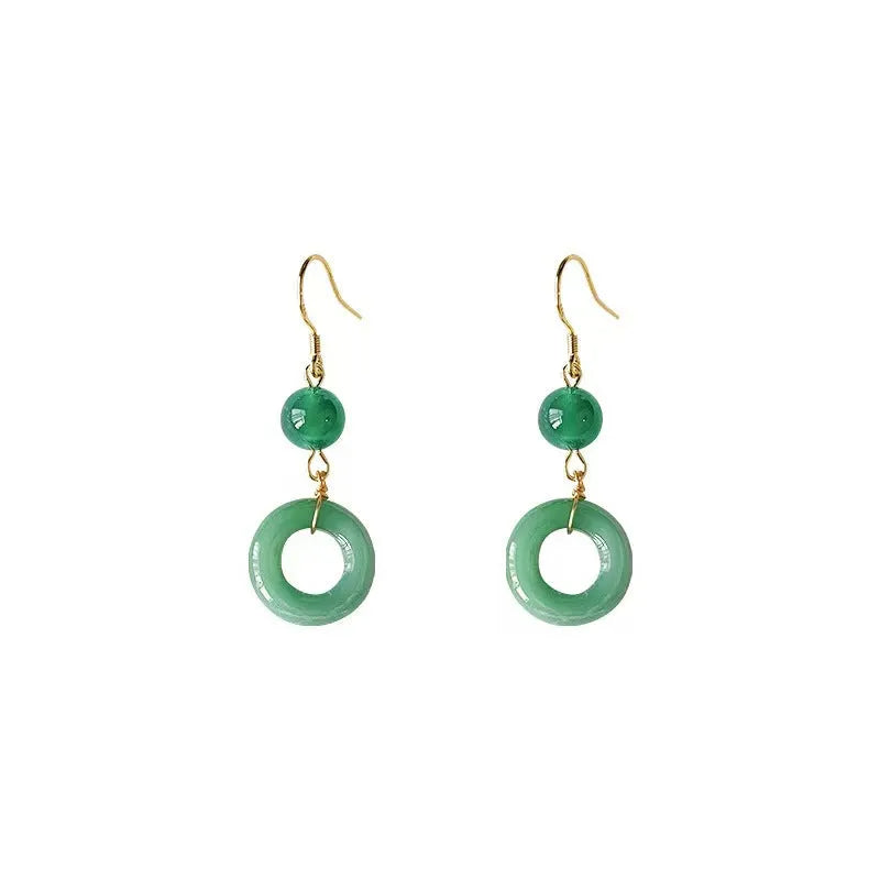 Geometric peace buckle earrings in jade green with 14K gold plating and Chinese cheongsam design