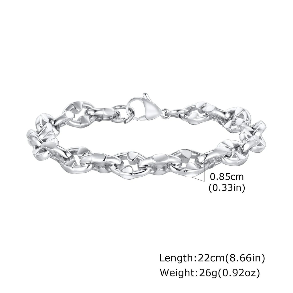 Handmade thick stainless steel geometric chain bracelet in steel colour for men's hip hop style.