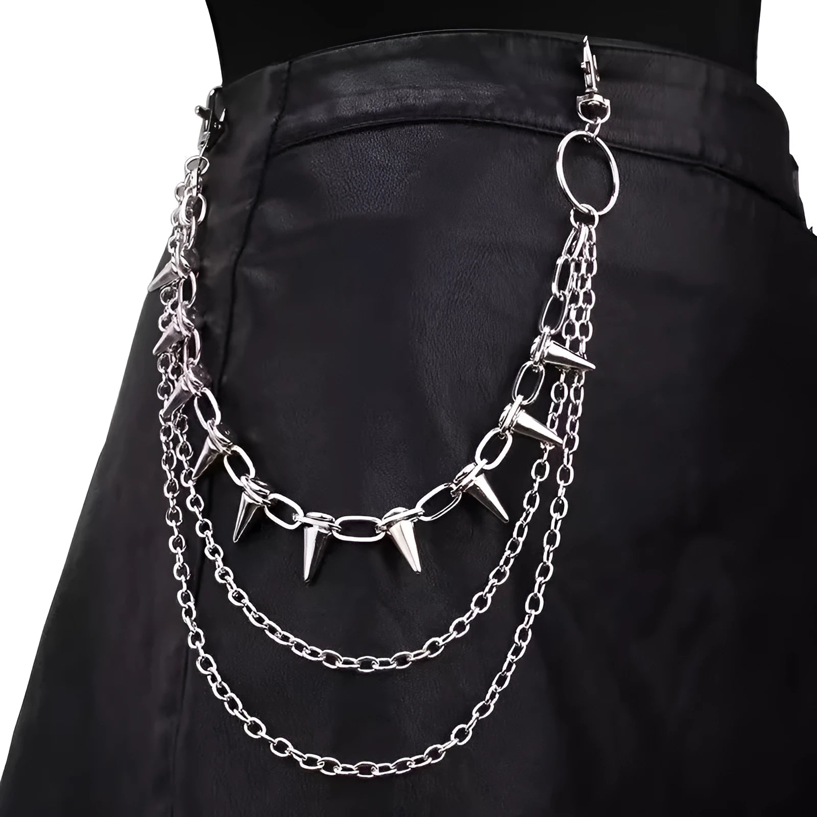 Silver punk fashion pants chain with double-layer rivet design measuring 115cm length