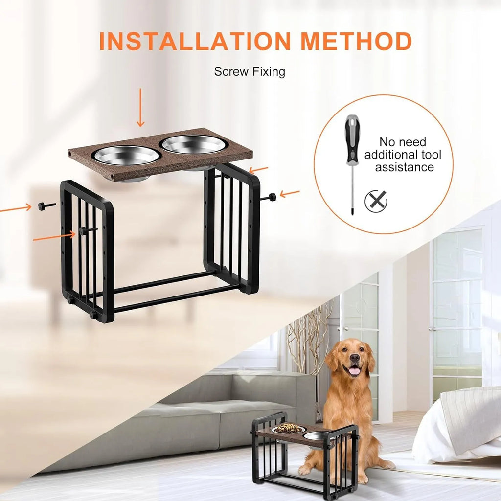Black wooden dog bowl stand bracket on a floor holding food and water bowls.