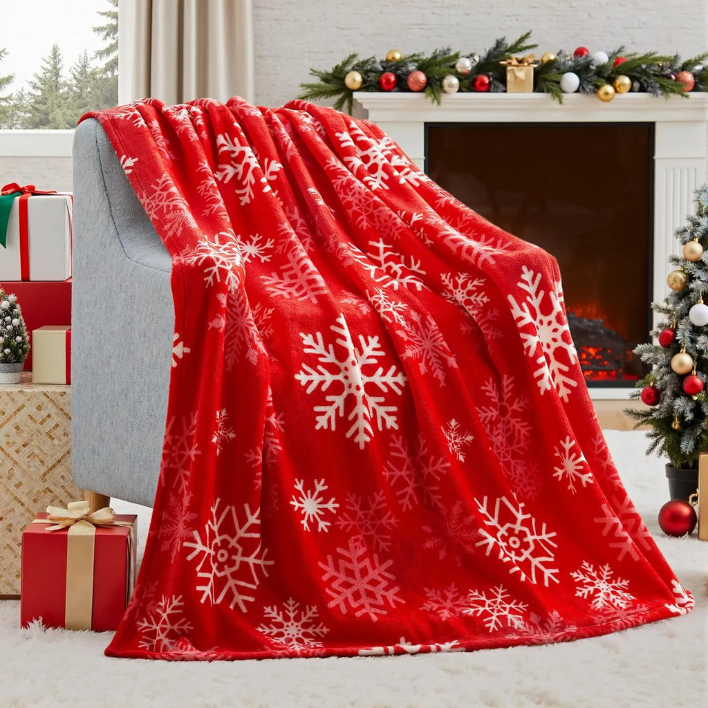 Polyester fibre Christmas blanket in soft flannel texture, showing plush construction with size options from 70cm to 264cm