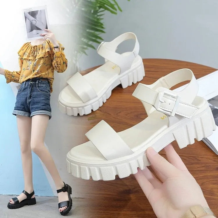 Women's beige ankle-strap buckle platform sandals with fish mouth peep toe design