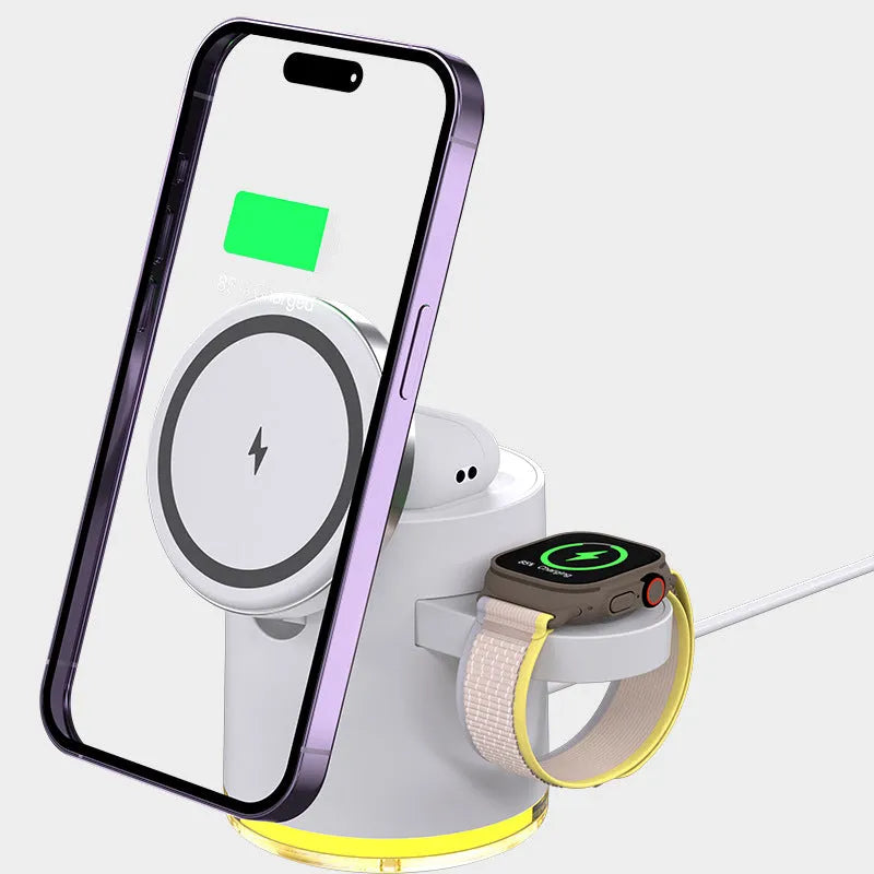 C16 Magnetic folding wireless charger in black, unfolded to show phone, watch and earbuds charging areas.