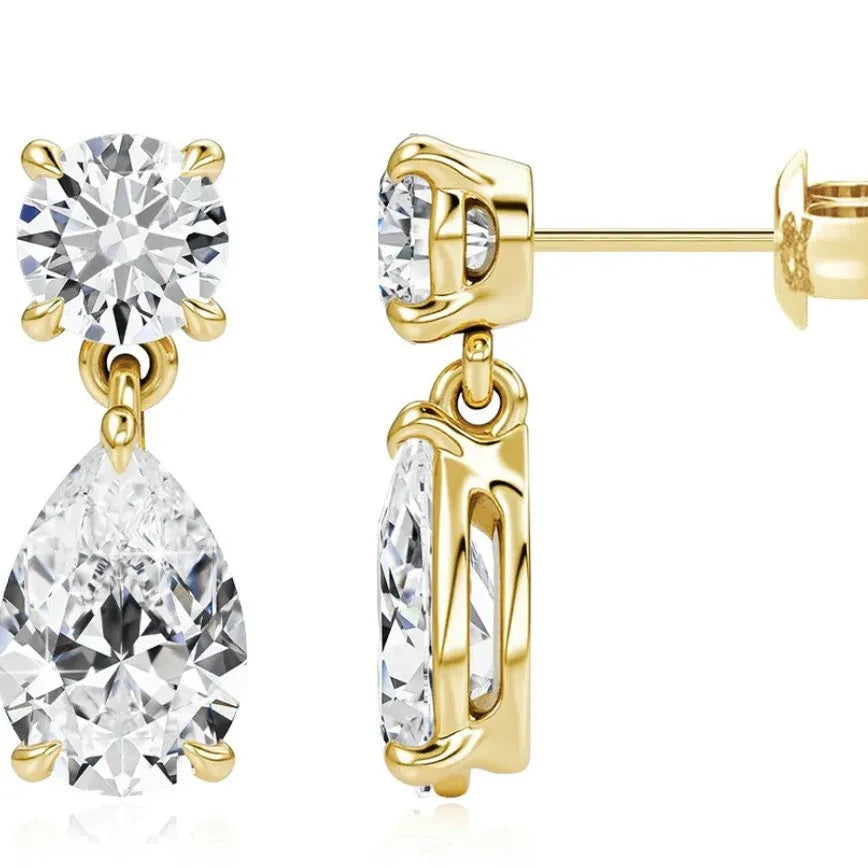 925 sterling silver geometric moissanite stud earrings with round and water drop stones in gold or silver plating