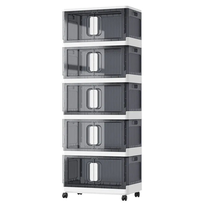 A foldable white storage locker on wheels with multiple shelves, closed doors, for household shoe and toy storage.