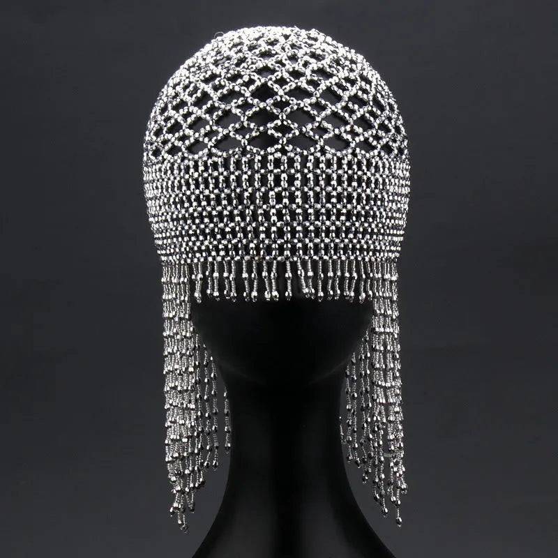 Belly dance hat with handmade beaded alloy construction and decorative tassels