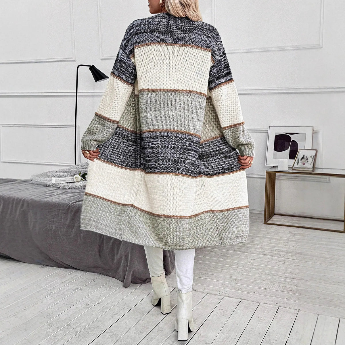 Women's gray knitted long cardigan with striped pattern and loose fit street fashion style