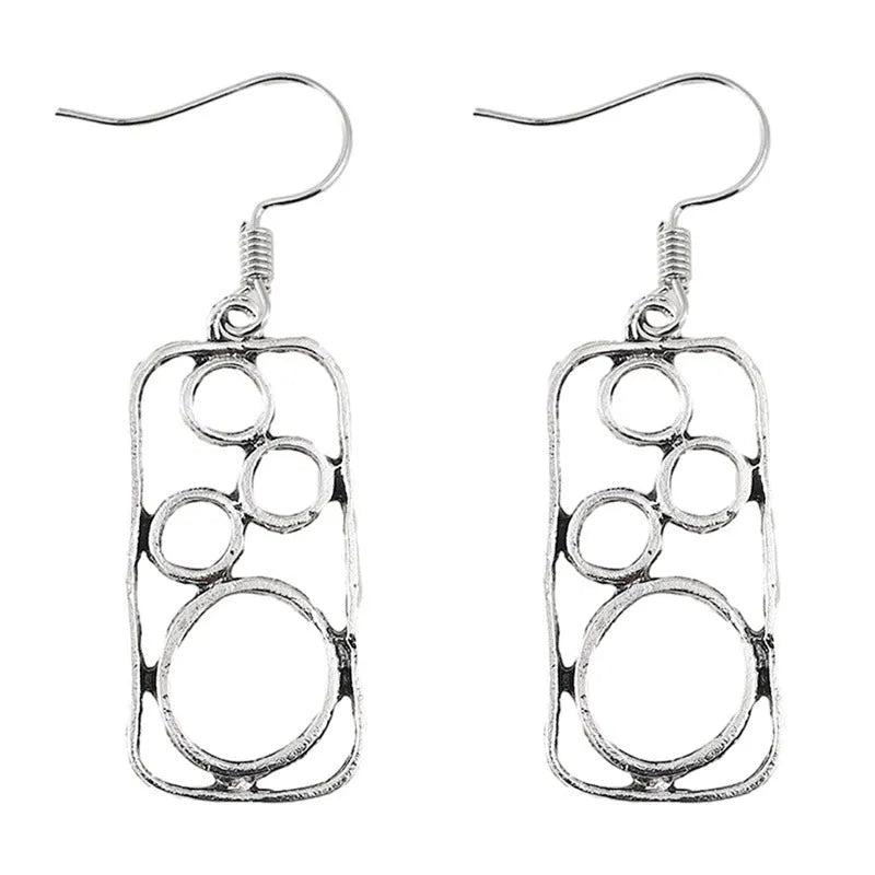 Geometric square earrings with round ring detailing in antique silver colour