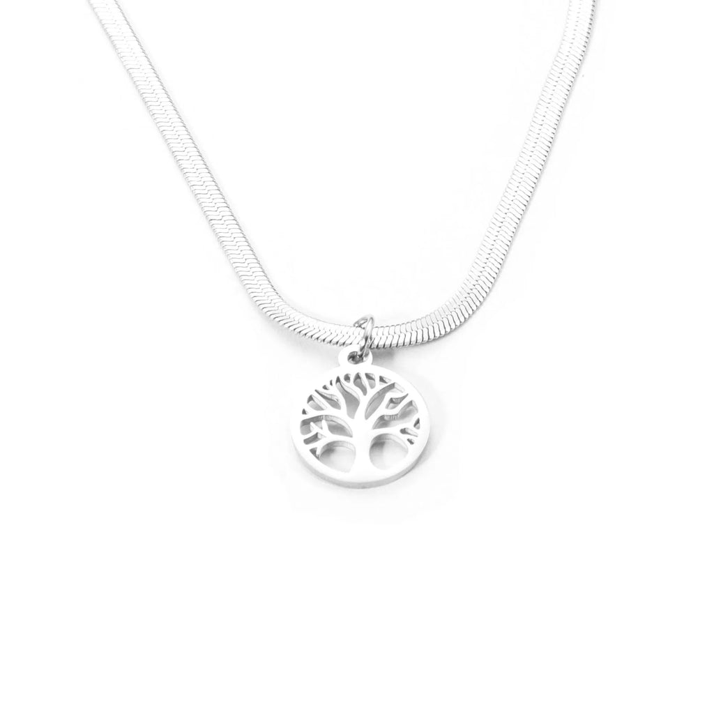 Stainless steel lucky tree pendant necklace on snake bones chain with U-shaped clasp, shown in gold and steel colour options.