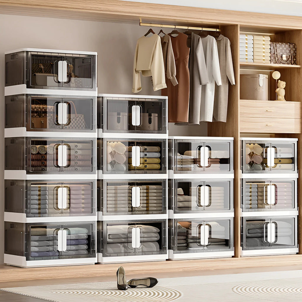 A foldable white storage locker on wheels with multiple shelves, closed doors, for household shoe and toy storage.