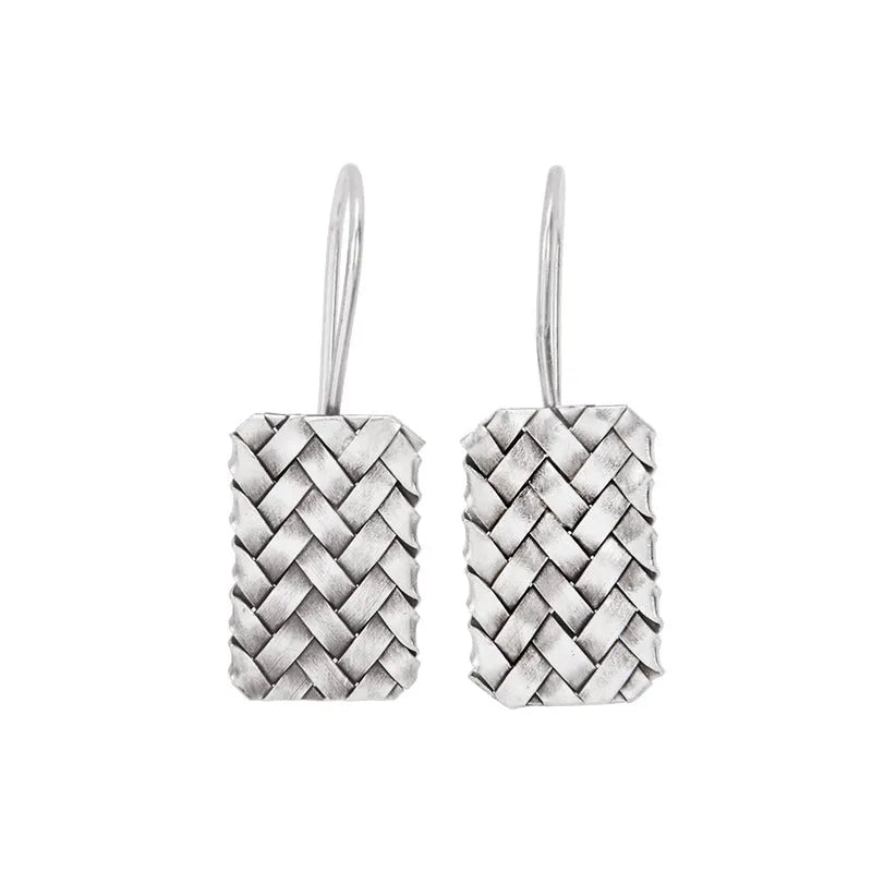 Silver geometric woven diamond plaid earrings with 925 silver construction