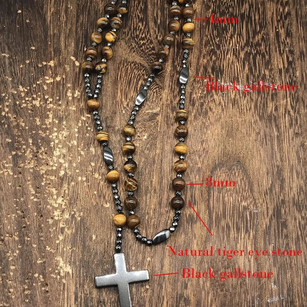 Men's geometric stone cross pendant on a silver ball bead chain with safety lock clasp