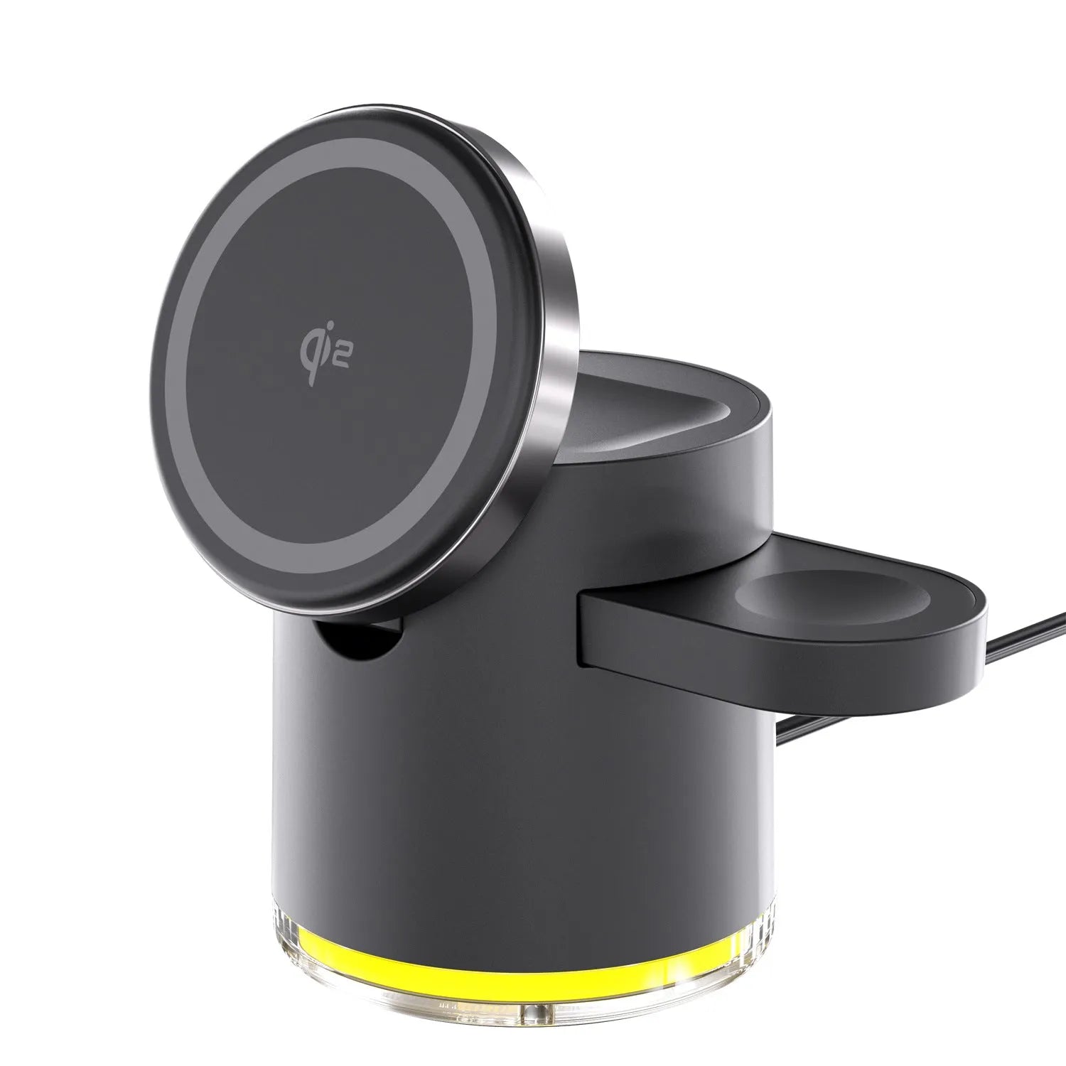 C16 Magnetic folding wireless charger in black, unfolded to show phone, watch and earbuds charging areas.