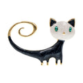 Personalized painted alloy brooch showing a cat with its tail up, in white and orange colour options.
