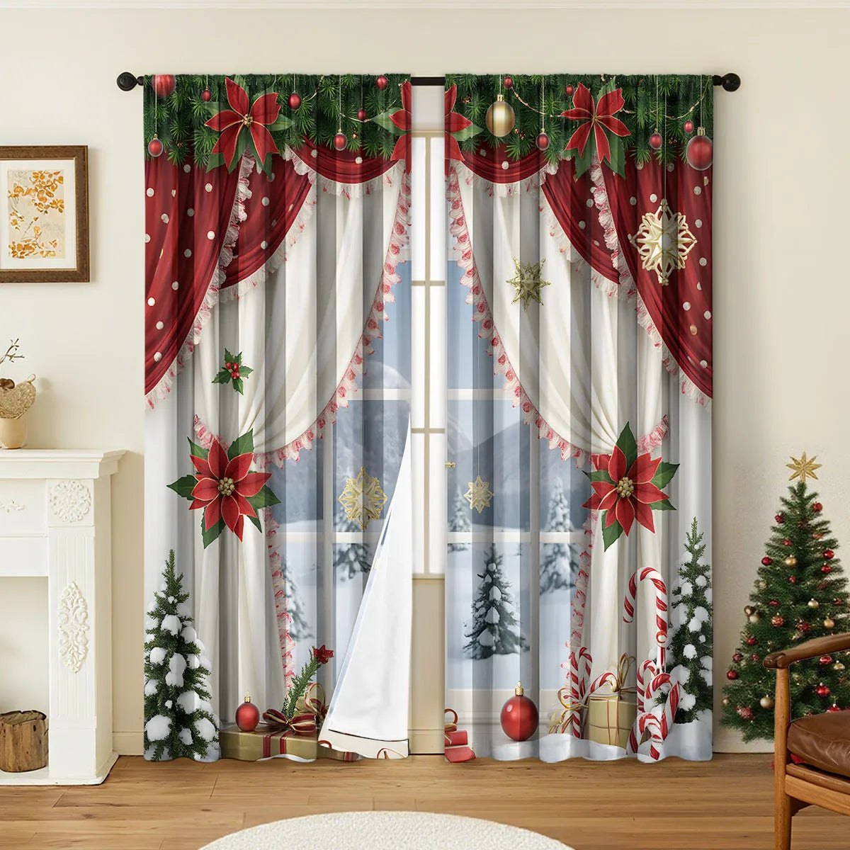 3D digitally printed Christmas style curtain pair in polyester with high sunshade function