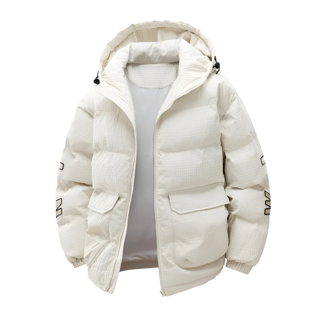 Men's black cotton-padded winter coat with hood, letter print, and side seam pockets shown front view