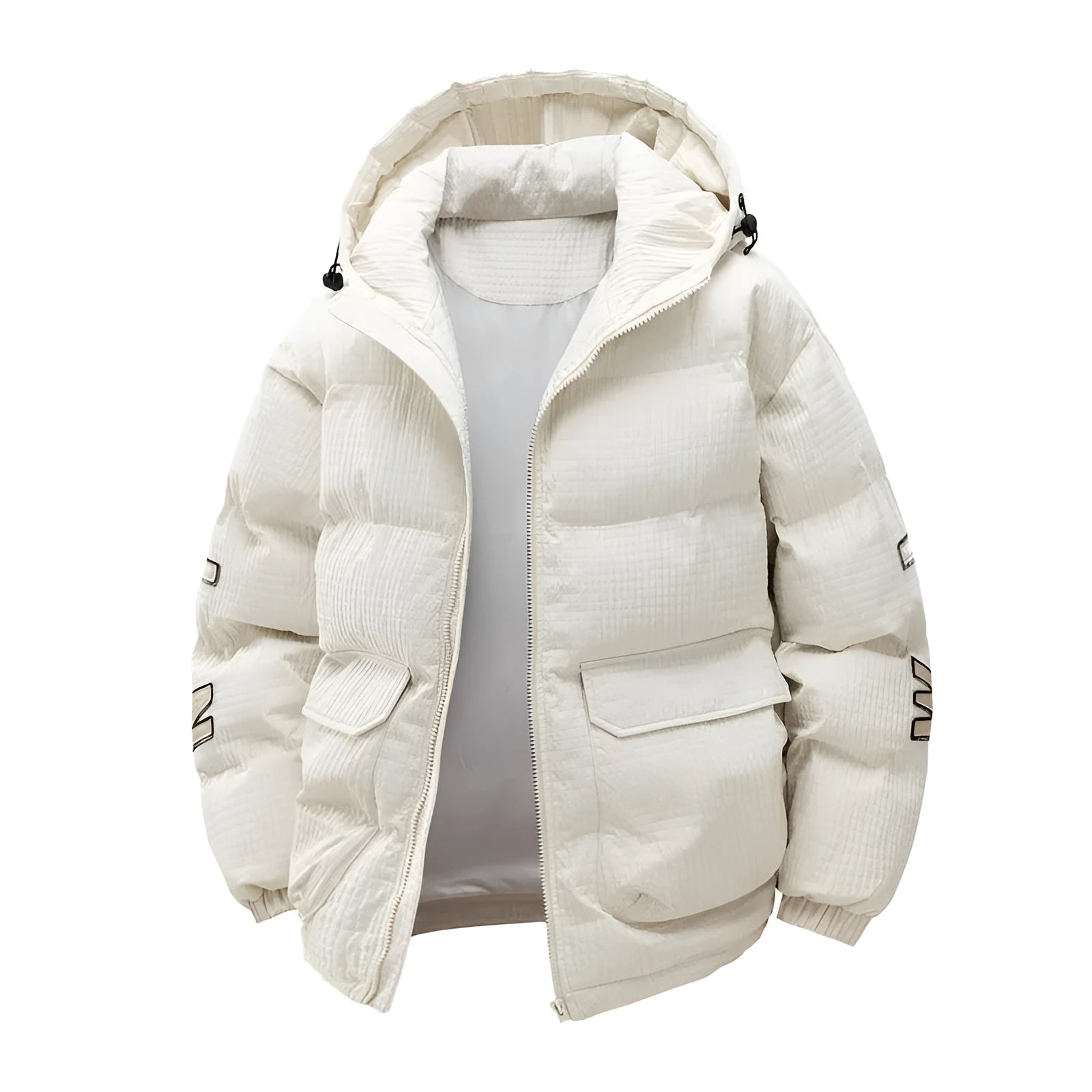 Men's black cotton-padded winter coat with hood, letter print, and side seam pockets shown front view