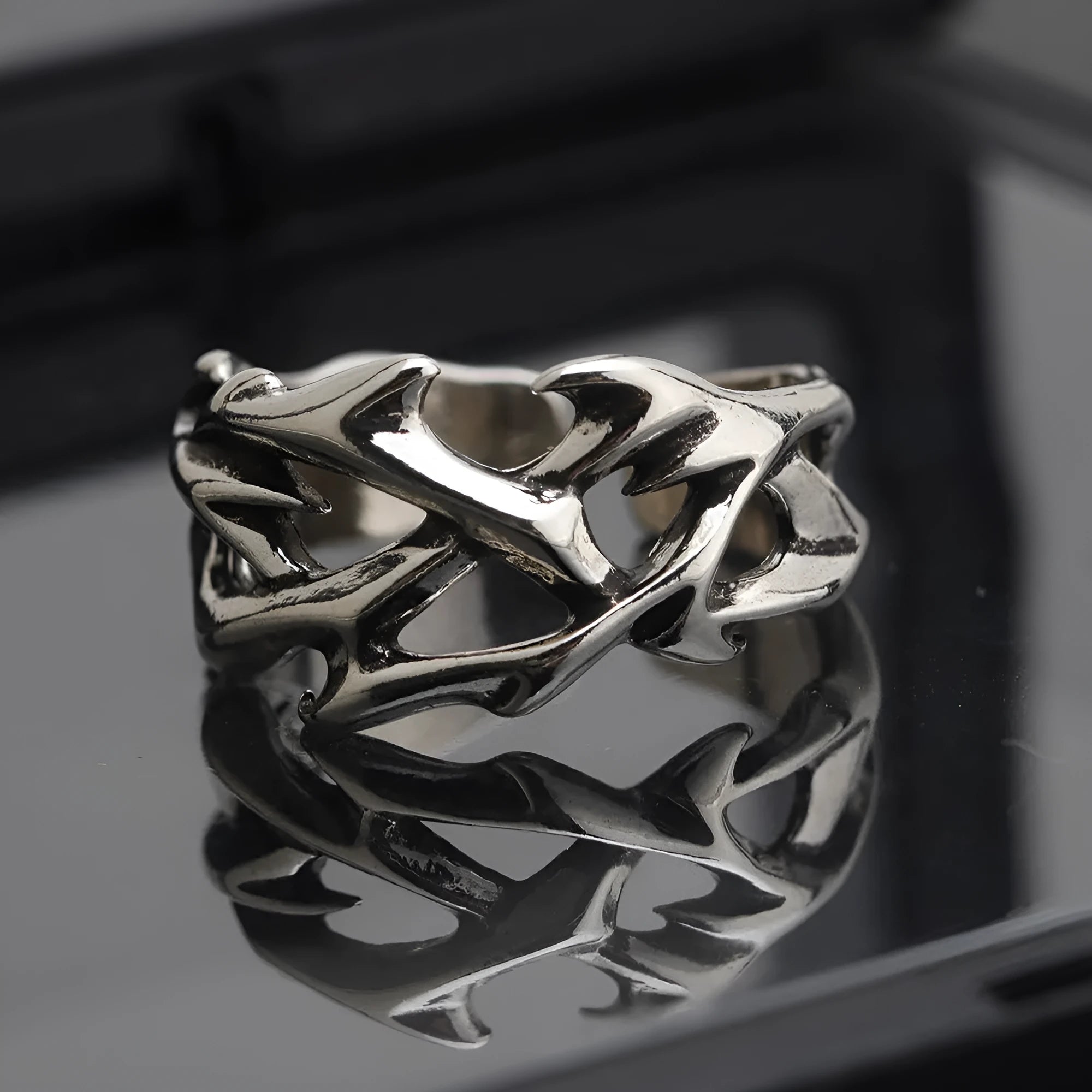 Copper thorn flower ring with geometric design and adjustable opening in J2150 colour