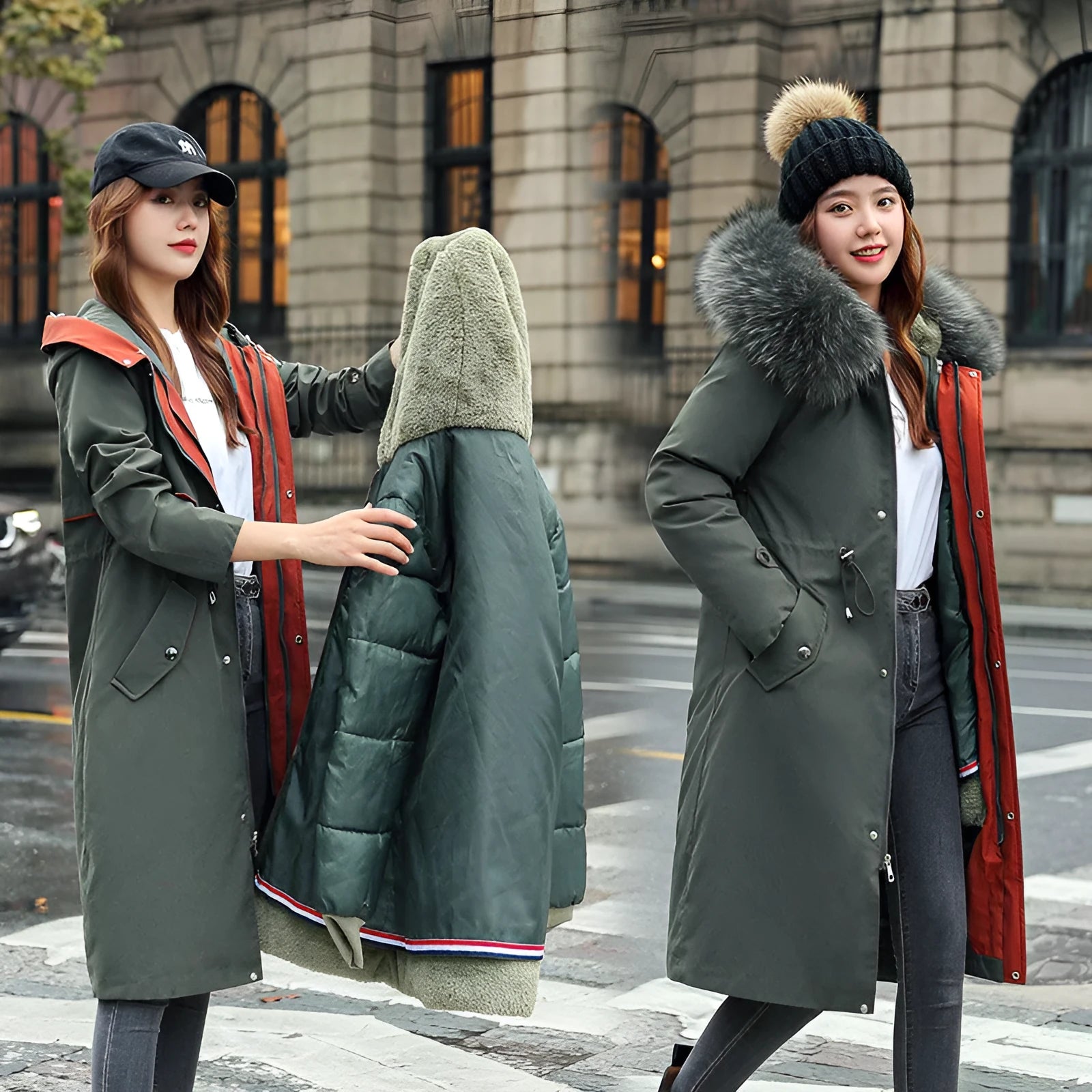 Women's long white fleece trench coat with down cotton filler, shown at 100cm length.