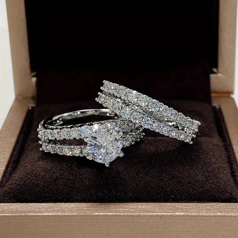 2 in 1 female fashion ring set with diamond treatment in silver, gold, and rose gold finishes