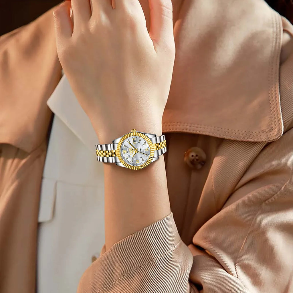 Ladies quartz fashion watch with 10mm thickness and gold/silver colour options