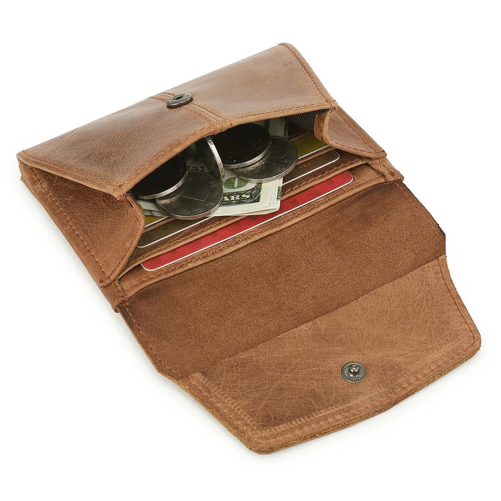 Genuine cowhide leather coin purse in retro style with stitching detail, shown in multiple colour options.