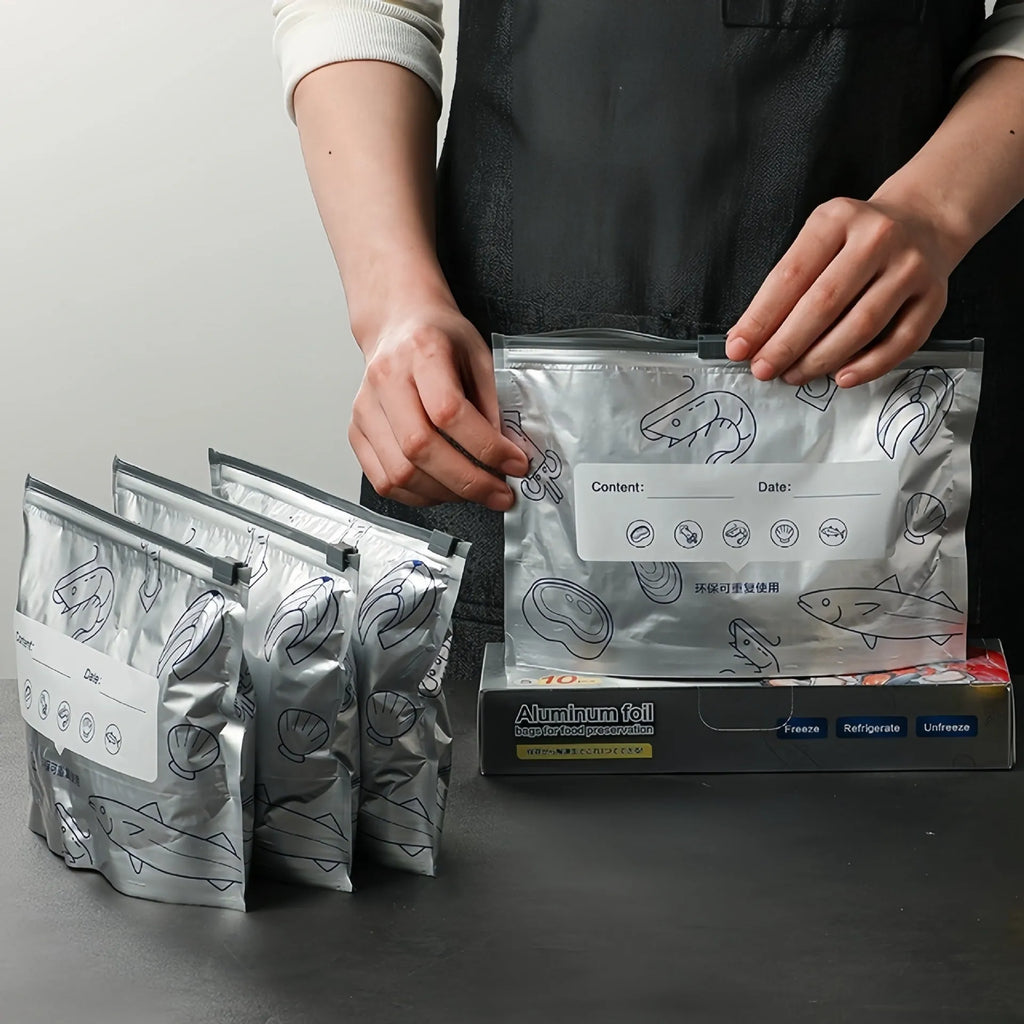 Set of three aluminium foil sealable fresh bags in small, medium, and large sizes with ziplock closures.
