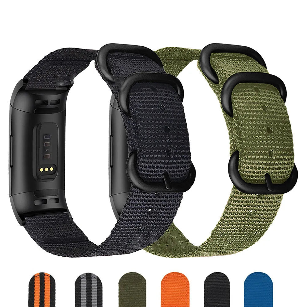 Fitbit Charge nylon replacement strap with three-ring buckle in multiple colour options.