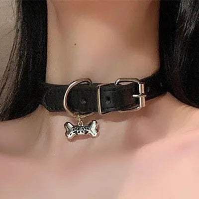 Black adjustable dog collar with choice of LD leather, cute bone, or cat paw decorative style.