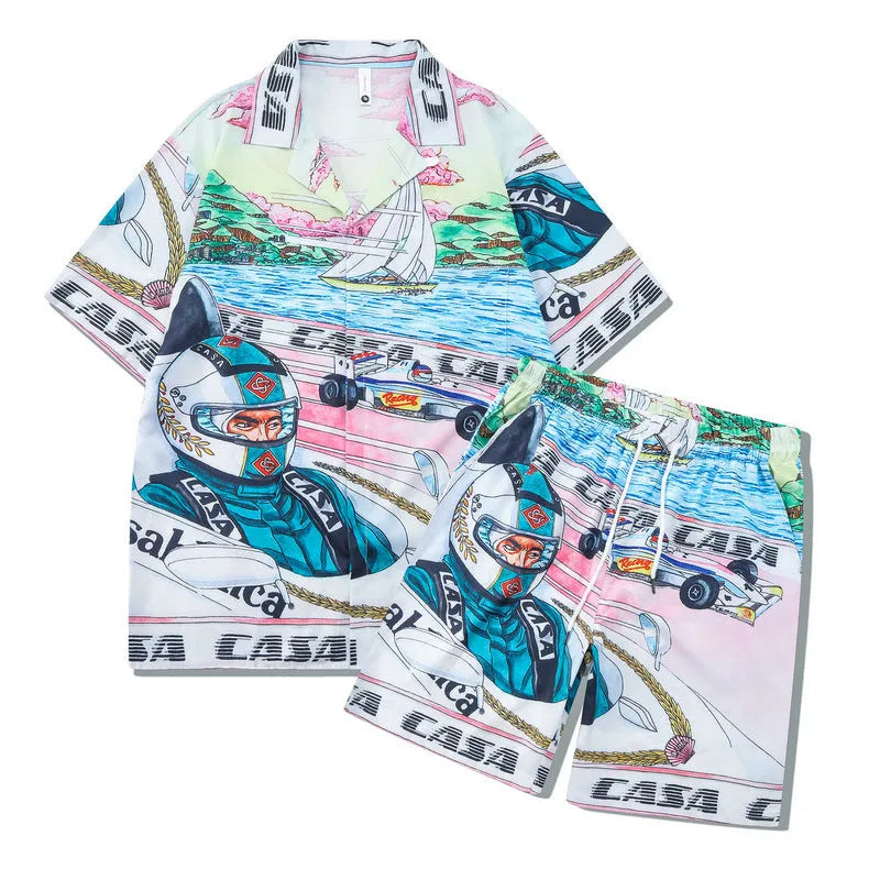 Men's plaid printed beach outfit set showing a short sleeve shirt and matching trousers on a manikin.