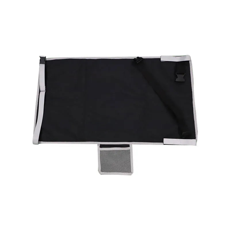 Blue children's aircraft seat extender with adjustable straps attached to plane seat