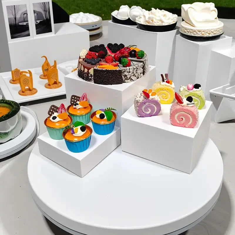 White Suit Cube plastic dessert display stand with multiple tiers for cake shop presentation