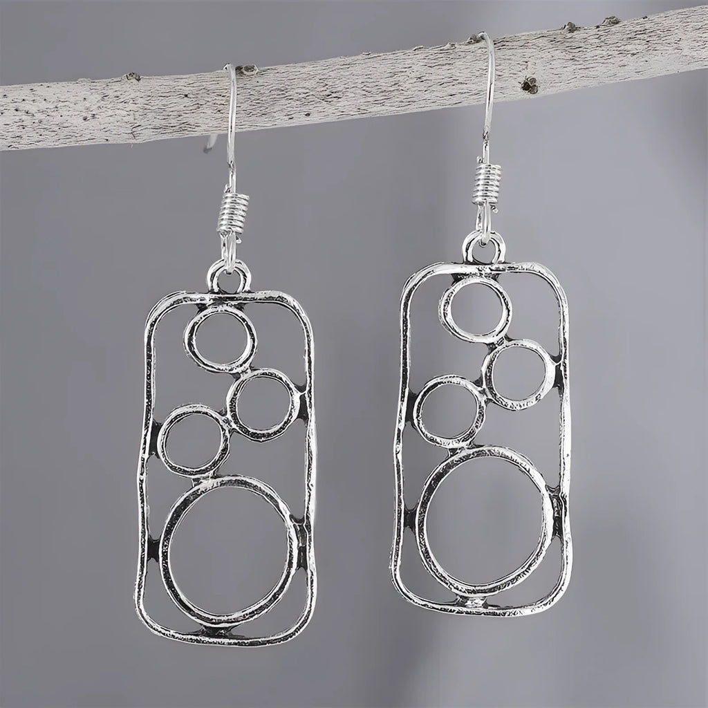 Geometric square earrings with round ring detailing in antique silver colour