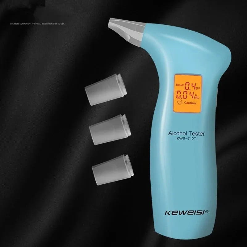 Portable orange light breath alcohol tester with disposable mouthpieces in grey or blue case