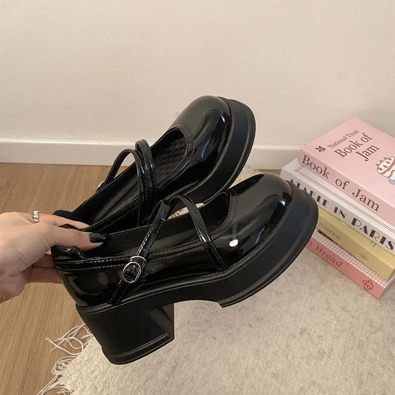 Black JK leather shoes for women, low top with mid chunky heel 3-6cm, available in light black and matte black
