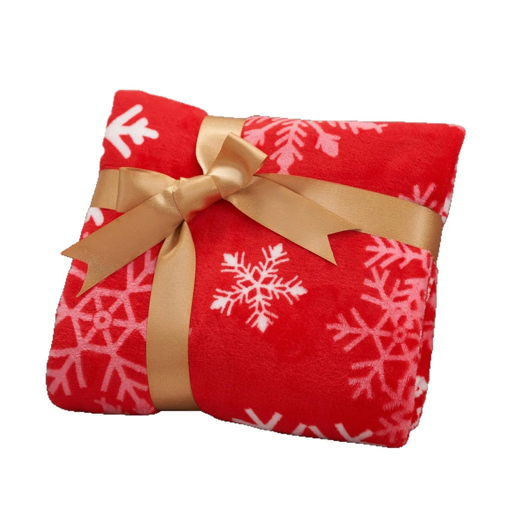 Polyester fibre Christmas blanket in soft flannel texture, showing plush construction with size options from 70cm to 264cm