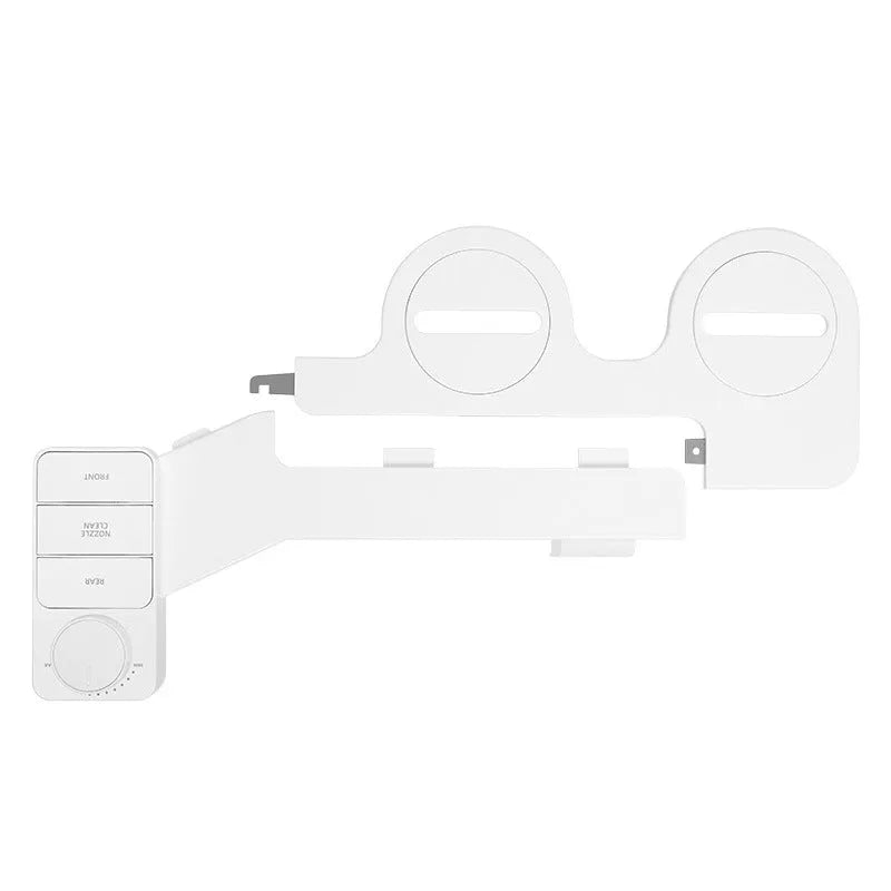 Pure white button wash cleaning tool with removable nozzle and three adaptors for AU EU US bathroom standards