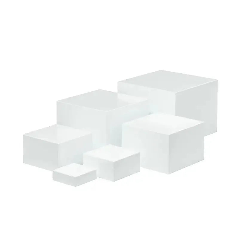 White Suit Cube plastic dessert display stand with multiple tiers for cake shop presentation