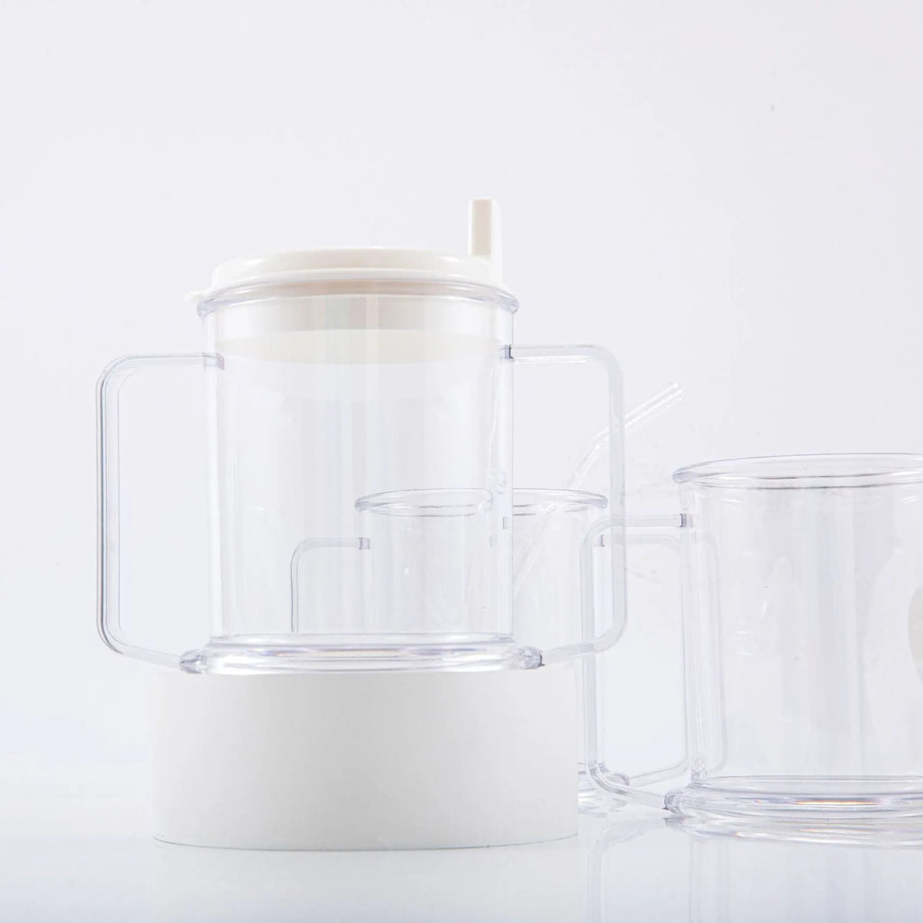 Clear transparent plastic spill-proof drinking cup with modern design.